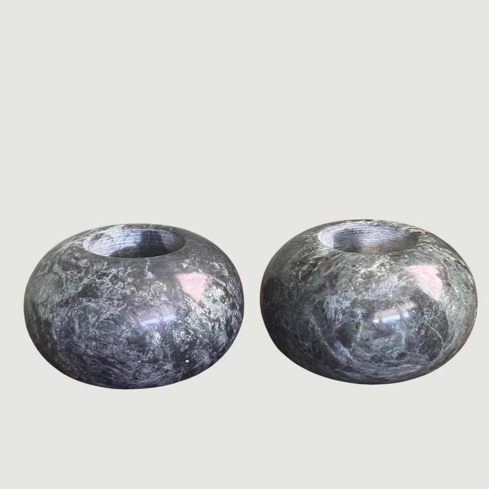 Vintage Green Marble Tea Light Candle Holders Set of 2 Polished Stone Round